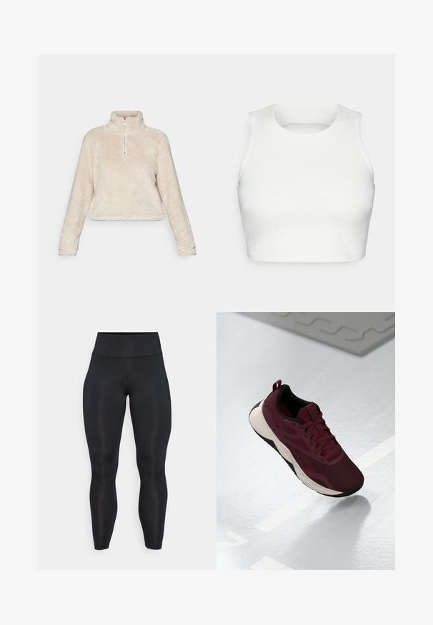 Pull léger en polaire à zip quart en beige clair, avec un col montant, des manches longues et un ourlet avec cordon de serrage. Tissu doux et texturé.; Top court sans manches blanc en tissu lisse, avec un col rond et un design à dos ouvert, et des coutures soignées le long des bords.; Leggings noirs taille haute, longs, en tissu lisse avec des coutures visibles à l'avant et à la ceinture.; Chaussure de sport bordeaux avec dessus en maille, accents noirs et semelle blanche rembourrée. Présente un système de laçage et une languette au talon.