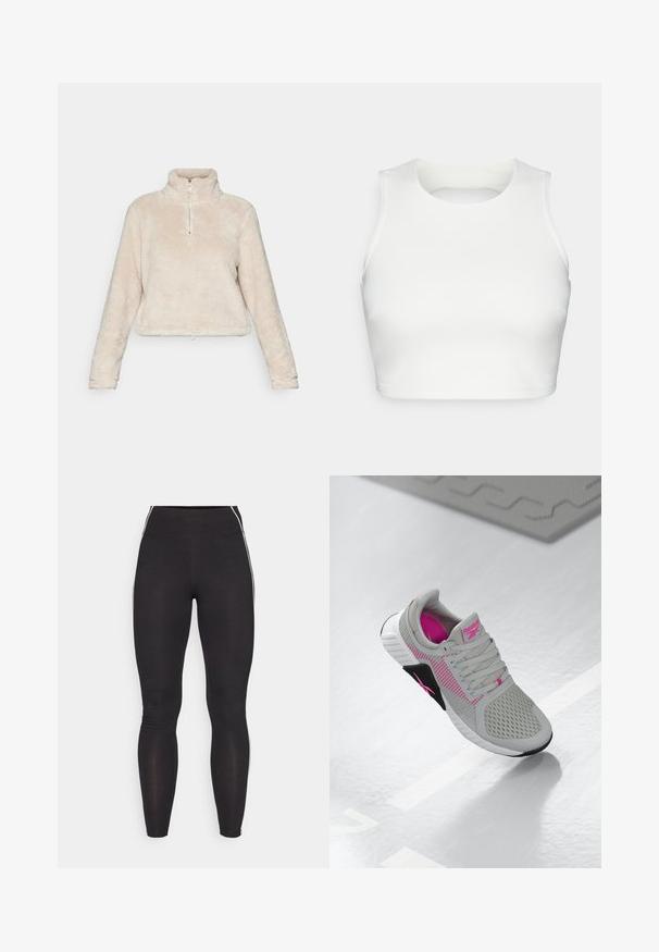 Pull léger en polaire à zip quart en beige clair, avec un col montant, des manches longues et un ourlet avec cordon de serrage. Tissu doux et texturé.; Top court sans manches blanc en tissu lisse, avec un col rond et un design à dos ouvert, et des coutures soignées le long des bords.; Leggings noirs en matériau extensible avec une taille haute. Ils présentent des rayures blanches sur les côtés et une texture lisse tout au long.; Baskets de sport Reebok grises et roses avec tige en mesh et semelle détaillée, présentées sur une surface blanche réfléchissante.