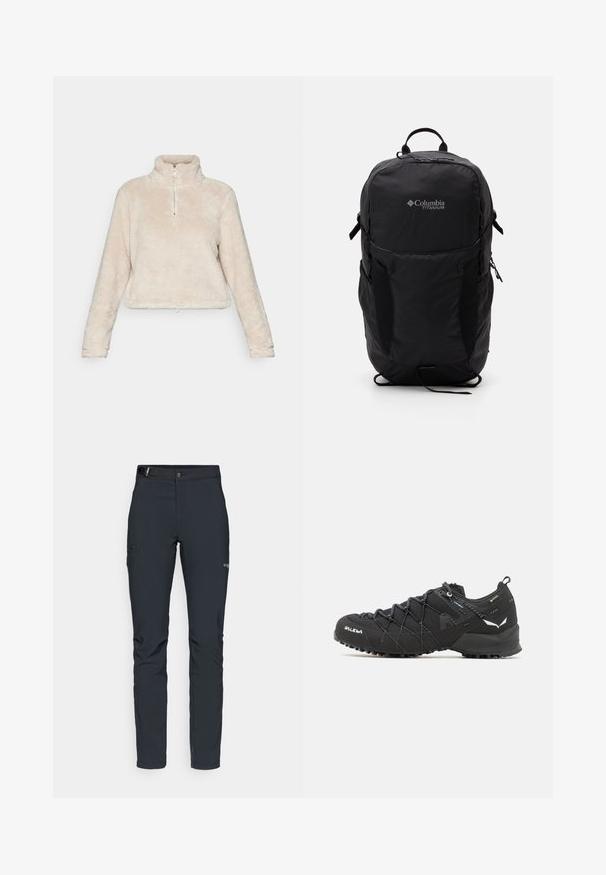 Fleece quarter-zip pullover in light beige, featuring a high collar, long sleeves, and a drawstring hem. Soft, textured fabric.; Men's outdoor pants, dark gray, made from flexible material, featuring a belt, zippered pockets, and reinforced stitching.; Black hiking shoes with a textured fabric upper, lacing system, and rugged rubber sole. Accented with reflective details and logos.; Black Columbia Titanium backpack with a smooth fabric texture, side pockets, top handle, and adjustable straps. Minimalist design with subtle branding.