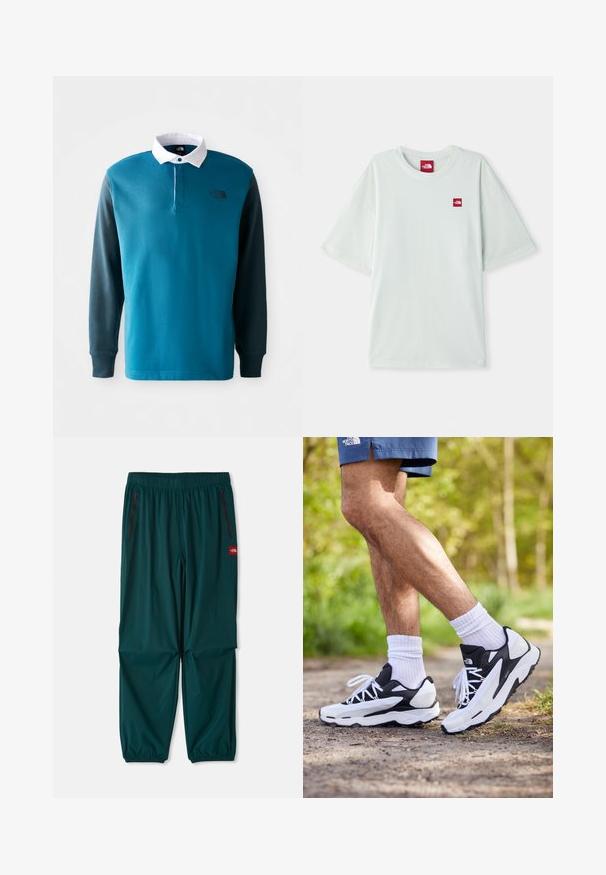Lange mouw polo shirt in teal en donker groen, met een witte kraag, knoopsluiting en een zwart logo op de borst. Van een katoenmix gemaakt.; Lichtgroene T-shirt met korte mouwen van zachte katoen, voorzien van een klein rood logo label op de linker borst. Ontspannen pasvorm en ronde halslijn.; Buitenbroek in donker teal, met een elastische tailleband, twee ritszakken aan de zijkanten en elastische boorden bij de enkels. Lichtgewicht materiaal.; Zwart-witte sportschoenen met een mesh bovenkant, tekstuuraccenten en witte veters. Draag gedragen met witte enkelsokken en marineblauwe shorts op een pad.