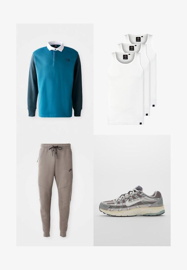 Camisa polo de manga larga en teal y verde oscuro, con un cuello blanco, tapeta de botones y un logo negro en el pecho. Material de mezcla de algodón.; Tres camisetas sin mangas de algodón de color blanco con canalé. Cuentan con cuello redondo y pequeñas etiquetas negras cerca del dobladillo. Disponibles en múltiples tamaños.; Pantalones de chándal grises de Nike con cintura ajustable, piernas ajustadas, bolsillos laterales y costuras distintivas. Tejido suave y texturizado.; Zapatilla deportiva gris con parte superior de malla y ante, acentos blancos, suela acolchada y un diseño distintivo con elementos reflectantes.