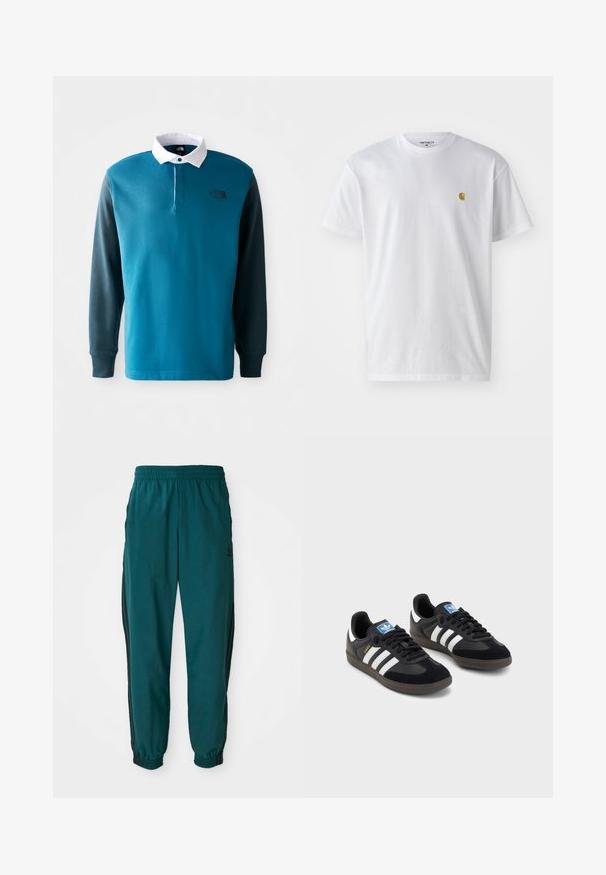 Lange mouw polo shirt in teal en donker groen, met een witte kraag, knoopsluiting en een zwart logo op de borst. Van een katoenmix gemaakt.; Witte katoenen t-shirt met korte mouwen en ronde hals, voorzien van een klein gouden logo op de linkerkant van de borst. Zachte textuur en een normale pasvorm.; Teal sportbroek met een trekkoord in de taille, elastische boorden en zwarte zijstreep. Gemaakt van lichte stof en voorzien van een logo nabij de heup.; Zwarte sneakers met een bovenwerk van suède en synthetisch materiaal, voorzien van drie witte strepen, een gestructureerde rubberen zool en een blauw logo-label op de tong.