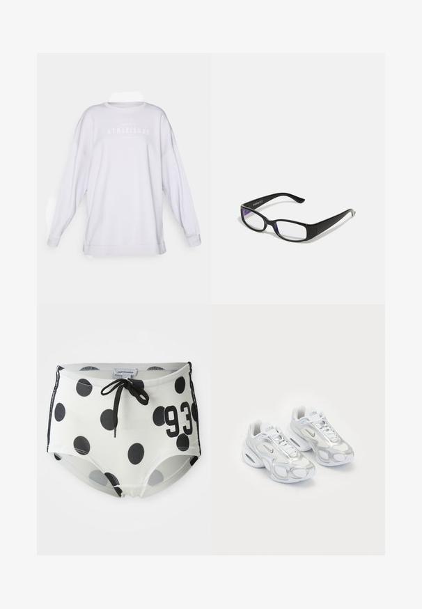Weißes, übergroßes Sweatshirt mit langen Ärmeln, Rundhalsausschnitt und dezent grauem Aufdruck "ATHLEISURE" über der Brust. Weiche Stoffstruktur.; Schwarz-weiße gepunktete Badehose mit einem Kordelzug-Bund, auf der Vorderseite mit der Nummer "93" und aus einem glatten, dehnbaren Stoff.; Weiße Sportschuhe mit einem Obermaterial aus Netzgewebe und silbernen Akzenten, einer einzigartigen Form und Luftpolsterung in der Ferse. Geflochtenes Design mit Logo.; Schwarze rechteckige Brille mit klaren Gläsern. Glänzende Oberfläche, schmale Bügel und lila Tönung an den Rändern der Gläser sichtbar.