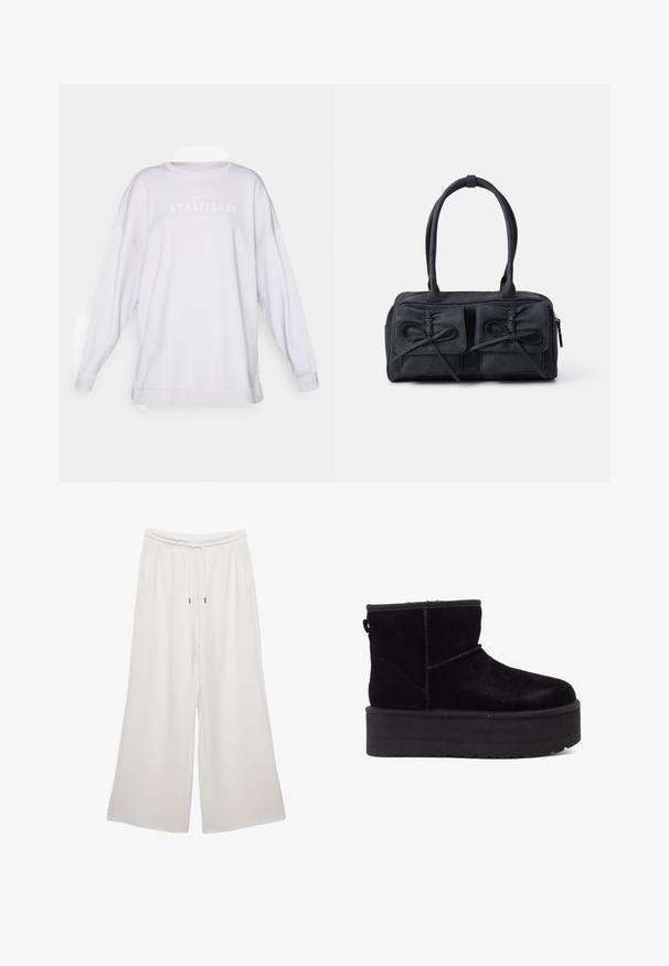 Weißes, übergroßes Sweatshirt mit langen Ärmeln, Rundhalsausschnitt und dezent grauem Aufdruck "ATHLEISURE" über der Brust. Weiche Stoffstruktur.; Cremfarbene, weit geschnittene Hosen aus weichem Stoff, mit elastischem Bund, Kordelzug und Seitentaschen. Glatte Textur.; Schwarze Wildleder-Stiefeletten mit einer dicken Plattformsohle und weichem Futter. Abgeschlossen mit Nähakzenten und einer hinteren Schlaufe für einfaches Anziehen.; Schwarze Stoffhandtasche mit zwei vorderen Taschen, die mit Schleifendetails versehen sind, doppelten Griffen und einem Reißverschluss. Weiche Textur und rechteckige Form.