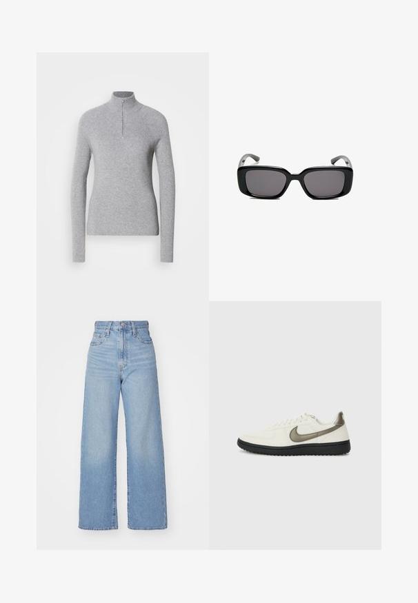 Light gray, ribbed pullover sweater with a high collar and half-zip at the neck. It features long sleeves and a fitted design.; Light blue high-waist wide-leg jeans with front button and zip closure, front and back pockets, on a white background.; Nike Sportswear FIELD GENERAL - Trainers - off-white/black; Black rectangular sunglasses with dark lenses, smooth plastic frame, and curved temples. The design is chunky with a minimalist aesthetic.; Large beige canvas tote bag with brown leather straps, featuring a minimal design and visible stitching accents.