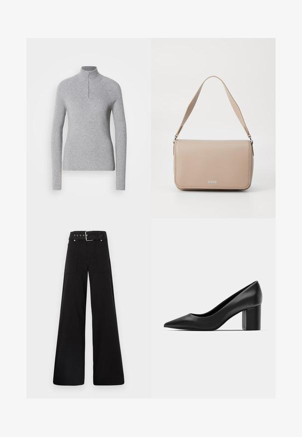 Gai pelēks, ribots vilnas džemperis ar augstu apkakli un pusi rāvējslēdzēja pie kakla. Tam ir garas piedurknes un pieguļoša forma.; Melna platā kāju bikses, izgatavotas no kokvilnas, ar augstu jostasvietu, lieliem sānu kabatām un jostu ar sudraba detaļām.; Melnas ādas kurpes ar smailu purngalu un masīvu kvadrātveida papēdi. Gluda tekstūra, vienkāršs dizains, piemērots oficiālām vidēm.; Beežs ādas rokassoma ar gludu tekstūru, taisnstūra formu, regulējamu siksniņu un sudraba aksesuāriem, priekšpusē ir diskretā logo.