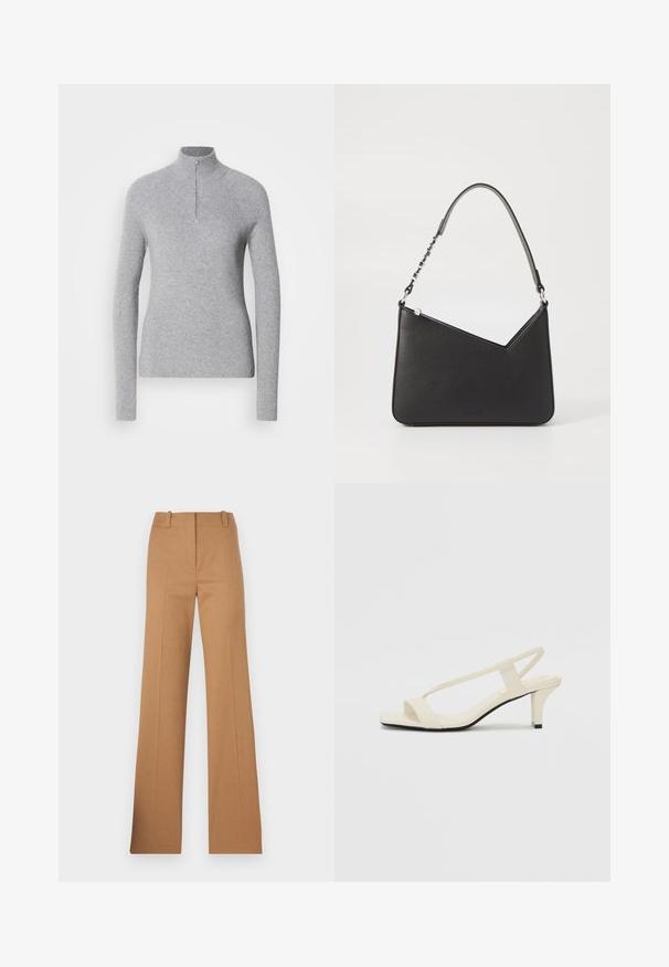 Helles graues, geripptes Pullover-Sweatshirt mit hohem Kragen und halbem Reißverschluss am Hals. Es hat lange Ärmel und ein figurbetontes Design.; HUGO HULANA - Chino - open brown; Beige Blockabsatzsandalen mit dünnen Riemen und quadrater Spitze. Glattes Material mit minimalem Design, entworfen für einfaches Tragen.; Schwarze Lederhandtasche in dreieckiger Form, mit schmalem Tragegurt und silbernem Zubehör. Sie verfügt über einen Reißverschluss und ein geprägtes Logo auf der Vorderseite.