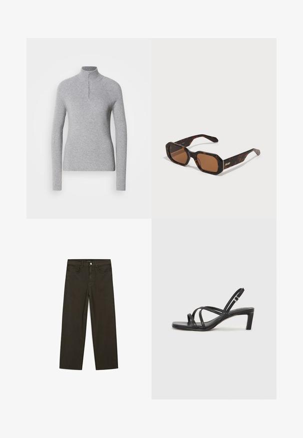 Maglione grigio chiaro a coste con colletto alto e zip sul collo. Presenta maniche lunghe e un design aderente.; Jeans a gamba larga di colore verde scuro, realizzati in tessuto misto cotone, dotati di chiusura con bottone frontale, cinque tasche e cuciture classiche in denim.; Sandalo nero con cinturini, dalla punta squadrata e tacco basso a blocco. Presenta diversi cinturini sottili e una cinturini regolabile alla caviglia. Realizzato in pelle liscia.; Occhiali da sole tartarugati con montatura esagonale, lenti marroni e logo dorato 'QUAY' sulla asta. Texture liscia, design robusto.