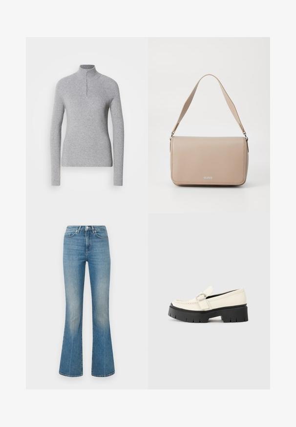 Suéter de pullover de color gris claro, con textura de canalé, cuello alto y media cremallera en el cuello. Cuenta con mangas largas y un diseño ajustado.; Vaqueros de mezclilla de color azul claro con corte acampanado. Presentan una cinturilla con botón y un lavado desgastado, que se estrecha hacia un dobladillo ancho a la altura de los tobillos.; Mocasines de piel blanca con suela de plataforma negra gruesa, que cuentan con una hebilla rectangular plateada y detalles de costura visibles en la parte superior.; Bolso de mano de cuero beige con textura suave, forma rectangular, correa ajustable y herrajes plateados, que presenta un logo discreto en la parte delantera.