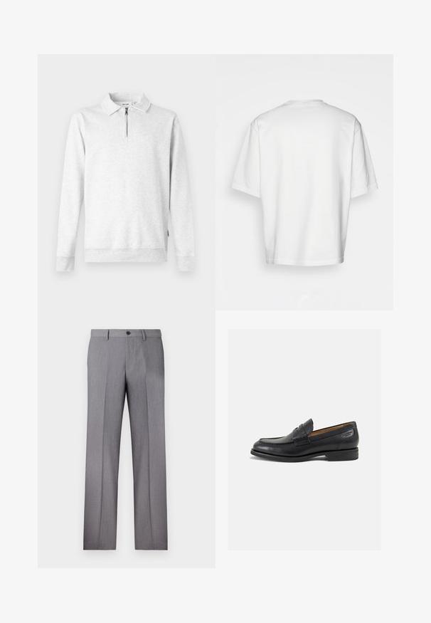 Hanorac gri deschis cu guler cu fermoar, mâneci lungi, manșete și tiv cu nervuri. Fabricat dintr-un material moale și texturat. Fără modele sau accente.; Tricou alb cu mânecă scurtă, croială lejeră, decolteu rotund, material din bumbac neted, spate simplu, margine dreaptă, fără modele sau accente.; Pantaloni gri, croiți cu un front neted, două buzunare laterale și un închidere cu un singur buton. Textură fină cu un model subtil de dungi.; Mocasini din piele neagră cu o finisare netedă, vârf rotund și cusături decorative pe partea superioară. Toc mic și stivuit, cu o ușoară strălucire.