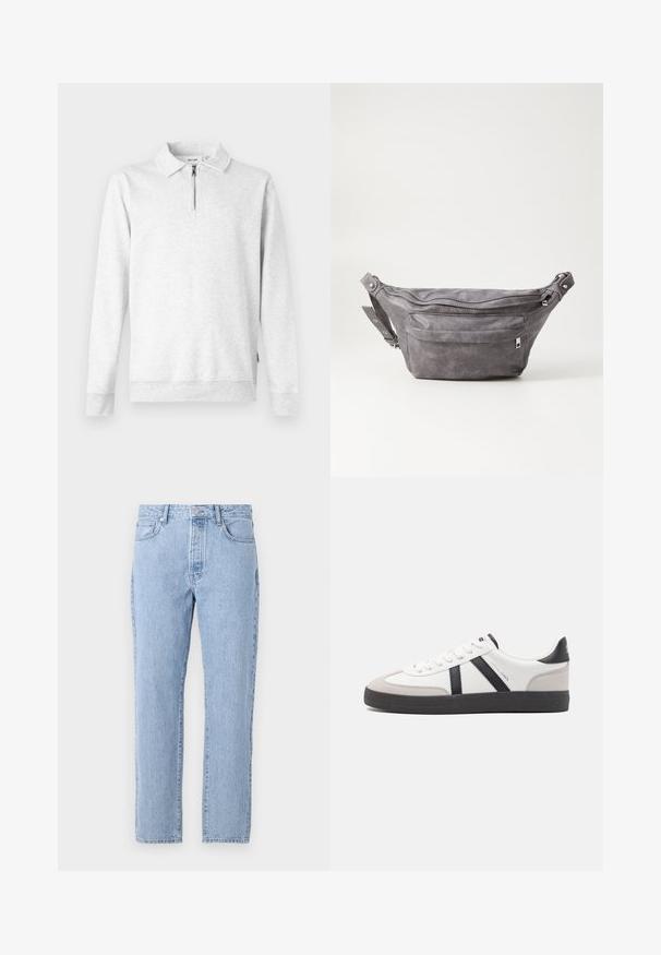Lys grå sweatshirt med lynlås i kraven, lange ærmer, ribbede manchetter og kant. Fremstillet af blød, tekstureret stof. Ingen mønstre eller accenter.; Lysblå denim jeans med lige ben-design, fem lommer og knaplukning. Blød tekstur med en klassisk falmet finish.; Hvide sneakers med sorte og grå detaljer, med en tekstureret grå tåhætte, sort gummisål og flade hvide snørebånd. Rent design, minimalistisk stil.; Grå suedefanny pack med en rund form, to lynlåslommer og justerbart strop. Har metalhardware detaljer.
