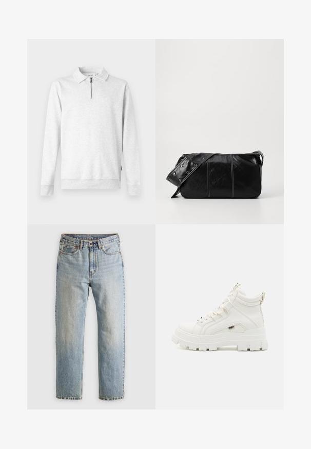 Light gray sweatshirt with a zippered collar, long sleeves, ribbed cuffs, and hem. Made from soft, textured fabric. No patterns or accents.; Light blue denim jeans with high waist, front button, zipper, and five-pocket design, laid flat on a neutral background.; White ankle-high sneakers with a textured finish, thick rubber sole, and padded collar. Features lace-up design and a logo accent.; Black leather shoulder bag with a zip closure, featuring a textured body, white stitching, and a strap with silver grommets.
