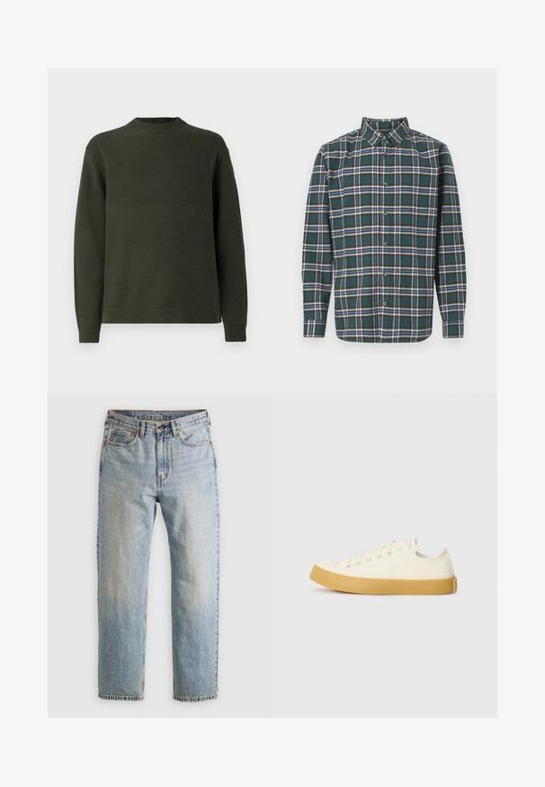 Σκούρο πράσινο πλεκτό πουλόβερ με μακριά μανίκια, ribbed λαιμόκοψη, μανίκια και στρίφωμα, σε απλή λευκή φόντο.; Πράσινο φλις πουκάμισο με καρό μοτίβο που περιλαμβάνει μπλε, λευκές και μουσταρδί γραμμές. Κουμπωτό μπροστινό μέρος και μυτερός γιακάς. Μακριά μανίκια.; Ανοιχτού μπλε τζιν παντελόνι με ψηλή μέση, μπροστινό κουμπί, φερμουάρ και σχεδίαση πέντε τσέπες, τοποθετημένο επίπεδα σε ουδέτερο φόντο.; Καμβάς αθλητικά παπούτσια σε εκρού απόχρωση με στρογγυλή μύτη, διαθέτοντας μπεζ λάστιχα σόλες και πέντε οπές για κορδόνια, με υφή στην επάνω επιφάνεια.