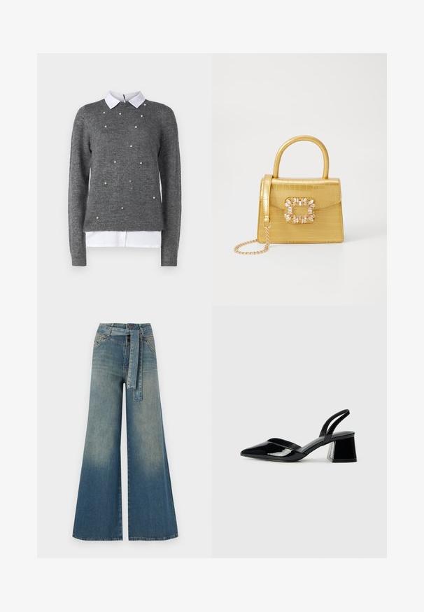 Grå genser med rund hals, lange ermer og hvit krage skjorte under. Dekorert med spredte perle-lignende detaljer. Myk tekstur.; Bredde ben jeans med en lyseblå til mørkeblå gradient, høyt liv, beltehemper og et matchende belte i samme stoff. Teksturert denimoverflate.; Svarte patentlær slingback hæler med spiss tå og geometrisk blokk hæl. Har et stilrent, minimalistisk design og jevn tekstur.; Gul faux-krokodille veske med en strukturert design, toppen håndtak, avtagbar kjede stropp, og dekorativ krystallbortsettelse på låsen.