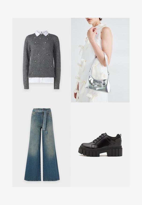 Pulover gri cu guler rotund, mâneci lungi și cămașă albă cu guler la subiect. Decorat cu accente asemănătoare perlelor dispersate. Textură moale.; Pantaloni din denim largi, cu un gradient de la albastru deschis la albastru închis, talie înaltă, bucle pentru curea și o curea din același material. Finisaj texturat din denim.; Pantofi cu talpă plată din piele neagră, cu toc gros, vârf rotund și design tradițional cu șireturi. Prezintă o textură netedă și detalii minime.; Geantă metalică argintie cu o formă structurată, având un mâner superior și un detaliu sub formă de fundă pe față. Textură netedă, finisaj reflexiv.