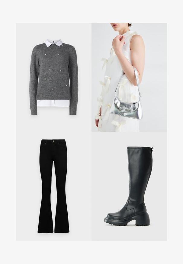 Pilkas megztinis su apvaliu kaklu, ilgomis rankovėmis ir baltu apatinio marškinio apykakle. Papuoštas išmėtytais perlų panašiais akcentais. Minkšta tekstūra.; Juodos aukšto liemens džinsai su mygtuku ir užtrauktuku, priekinėmis kišenėmis ir platėjančiomis kojomis, išdėstyti ant baltos fono.; Ilgas juodos odinės batai su masyvi platforma ir stačiakampiu kulnu, turintys traukimo kilpą ir tekstūruotą pado raštą.; Sidabrinė metalinė rankinė su struktūrizuota forma, turinti viršutinę rankeną ir kaspiną priekyje. Lygi tekstūra, atspindinti apdaila.
