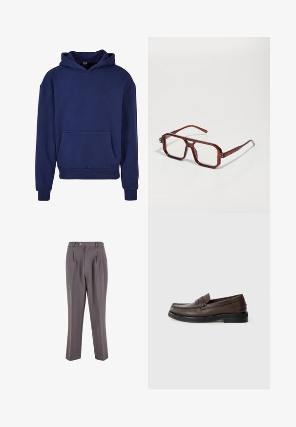 Námořnická modrá mikina s kapucí, vyrobená z měkké tkaniny, s velkou přední kapsou, žebrovými manžetami a lemem a stahovací šňůrkou.; Dvě trička s krátkým rukávem a kulatým výstřihem, jedno černé a jedno bílé, vyrobená z měkkého bavlněného materiálu s žebrovanou texturou. Klasický střih.; Šedé plisované kalhoty vyrobené z hladké látky, se střihem rovný nohavice, zapínáním na jeden knoflík a šikmými bočními kapsami.; Hnědé kožené mokasíny s kulatou špičkou, s detailním prošíváním a plochou černou podrážkou. Mají malou ozdobnou sponu přes nárt.; Hnědé transparentní oversized brýle s obdélníkovými skly a štíhlými rámky. Šikmé, mírně zaoblené rohy a viditelné kovové detaily.; Černá látková taška s texturovaným, prošívaným vzorem. Zaoblený tvar, krátké, silné uchy a měkká, flexibilní struktura.