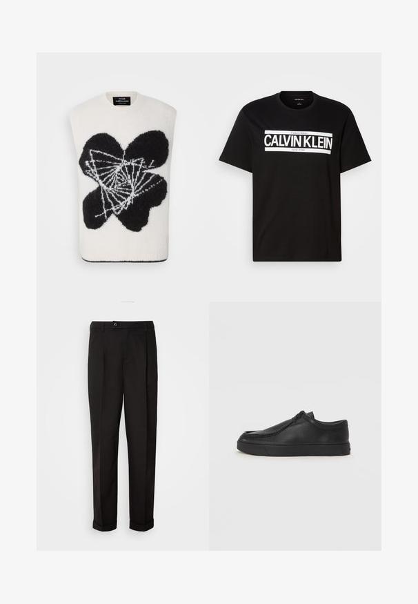Ärmelloser Pullover in Creme mit einem schwarzen abstrakten Blumendesign. Hergestellt aus weichem Stoff, mit rundem Ausschnitt und geripptem Saum.; Schwarzes T-Shirt mit kurzen Ärmeln und weißem "CALVIN KLEIN NEW YORK" Logo in der Mitte der Brust, Rundhalsausschnitt und Etikett in Größe Medium im Kragen.; Schwarze Hose mit glatter Textur, gerade geschnitten, zwei Fronttaschen und einem einzigen Knopfverschluss an der Taille.; Schwarze Leder-Schlupfschuhe mit runder Zehenform, genähten Details und schwarzer Gummisohle. Glatte Textur mit minimalistischem Design.