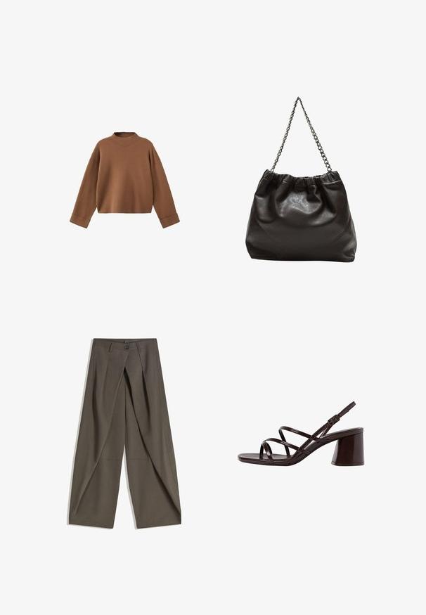 Pullover marrone in maglia con colletto alto, spalle scese e polsini larghi. Morbida consistenza e design cropped.; Pantaloni a gamba larga realizzati in un tessuto testurizzato grigio scuro. Presentano una piega frontale, chiusura con bottone e tasche laterali per praticità.; Sandalo con tacco alto e cinturini marrone, dotato di un tacco spesso, con una finitura liscia e lucida e numerosi cinturini incrociati sulla parte superiore.; Borsa in pelle marrone con parte superiore arricciata e tracolla a catena. Texture liscia con finitura lucida e dettagli di cucitura sottili sui lati.