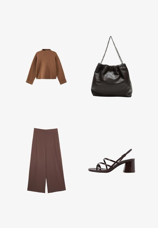 Pullover marrone in maglia con colletto alto, spalle scese e polsini larghi. Morbida consistenza e design cropped.; Pantaloni ampi marroni con una texture liscia, caratterizzati da una vita alta e pieghe frontali. Il tessuto è leggero e scorre liberamente.; Sandalo con tacco alto e cinturini marrone, dotato di un tacco spesso, con una finitura liscia e lucida e numerosi cinturini incrociati sulla parte superiore.; Borsa in pelle marrone con parte superiore arricciata e tracolla a catena. Texture liscia con finitura lucida e dettagli di cucitura sottili sui lati.