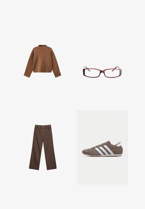Brun strikket pullover med høj halsudskæring, sænket skuldre og brede manchetter. Blød tekstur og cropped design.; Bredde ben brun denim jeans med høj talje, forlommer og klassisk knaplukning. Glat tekstur med diskret syninger.; Brune ruskind atletisk sko med hvide striber, rund tå, snørebåndsdesign og gummisål. Tekstureret overdel med syningsdetaljer.; Røde rektangulære briller med et sleekt design. Klare linser, let transparente stænger og en gradient-effekt fra rød til grå.