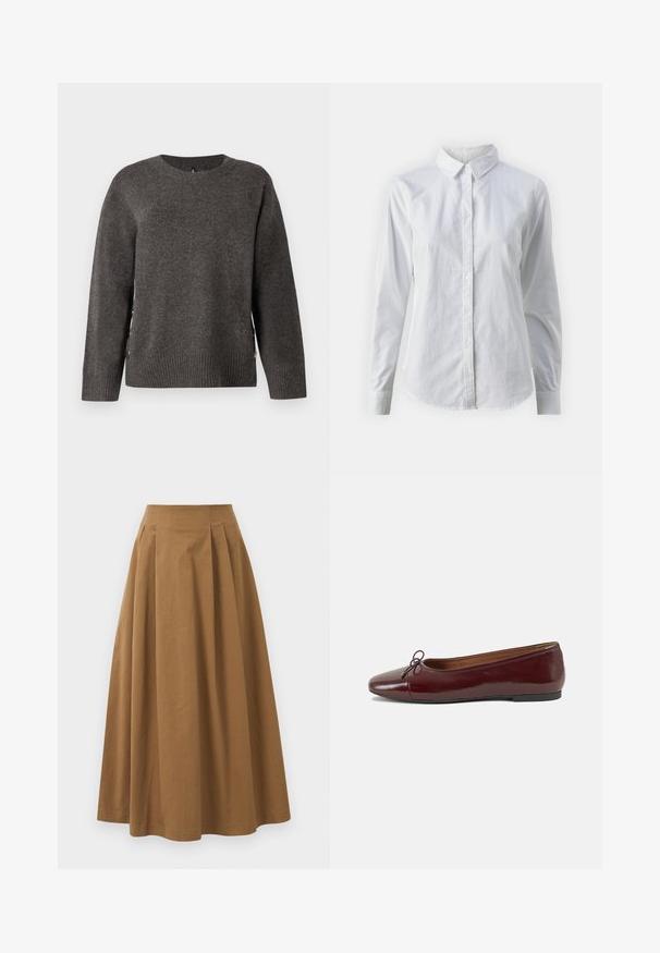 Hallitatud hall kudum, millel on ümar kaelus, soonikserv ja külgmised nupumärgid ainulaadse disaini jaoks. Pehme tekstuur klassikalise silueti jaoks.; Valge nööpidega särk, mis on valmistatud siledast puuvillast. Särgil on klassikaline krae, pikad varrukad ja kaarduv äär. Nöödid on väikesed ja valged.; Pruun puuvillane A-line seelik kõrge vöökohaga, millel on voldid ees ja sile tekstuur. Pika serva viimistlus on puhas ja lihtne.; Burgundi patendnahk kingad balletitüüpi, ümmarguse ninaosa, ees väike paelaaktsent ja madal must kummist tald. Sile tekstuur.