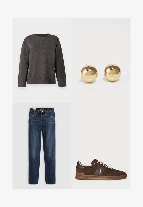 Grå strikket sweater med rund hals, ribbet kant og knapdetaljer i siden for et unikt design. Blød tekstur med en klassisk silhuet.; Mørkeblå lige ben jeans med fem lommer, knap- og lynlås lukning samt kontrastsyninger.; Brune ruskinds sneakers med teksturerede paneler, hvide snørebånd og et guld logo. Har en gummisål og en polstret krave for komfort.; Guld kegleformede ørestikker med en poleret finish og lille stift. Har en glat tekstur og reflekterende overflade.