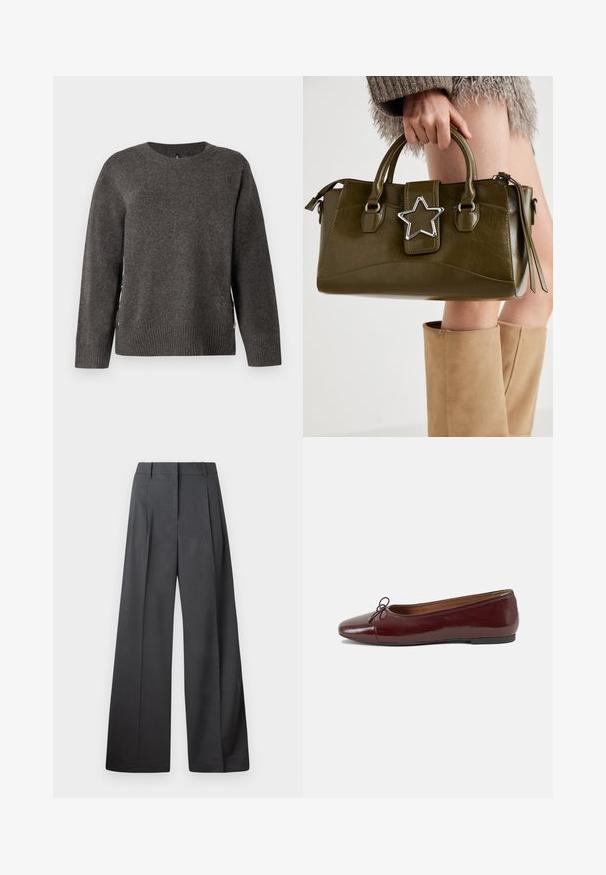 Pull en tricot gris avec un col rond, un ourlet côtelé et des boutons sur les côtés pour un design unique. Texture douce avec une silhouette classique.; Pantalons à jambes larges en tissu gris foncé, avec une taille haute, des plis simples et une texture lisse avec une finition soignée aux ourlets.; Ballerines en cuir verni bordeaux avec un bout rond, un petit nœud décoratif à l'avant et une semelle en caoutchouc noire basse. Texture lisse.; Sac à main en simili cuir vert olive avec accent étoilé argenté, deux poignées et fermeture éclair. Surface texturée et forme structurée.