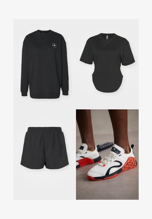 Fekete pulóver puha anyagból, kerek nyakkivágással és hosszú ujjakkal. Az elején fehér logó design található.; Fekete, rövid ujjú póló, pamutból készült. Kerek nyakkivágás, ívelt alj és oldalsó hasítékok jellemzik. Simás textúra, laza szabás.; Fekete futónadrág elasztikus derékkal, könnyű anyagból, texturált mintázattal, amely diszkrét oldalsó díszítésekkel rendelkezik.; Fehér sportcipők fekete és narancssárga leopárdmintás díszítéssel. Texturált szövet felsőrésze, gumitalpa és fűzőrendszere van.