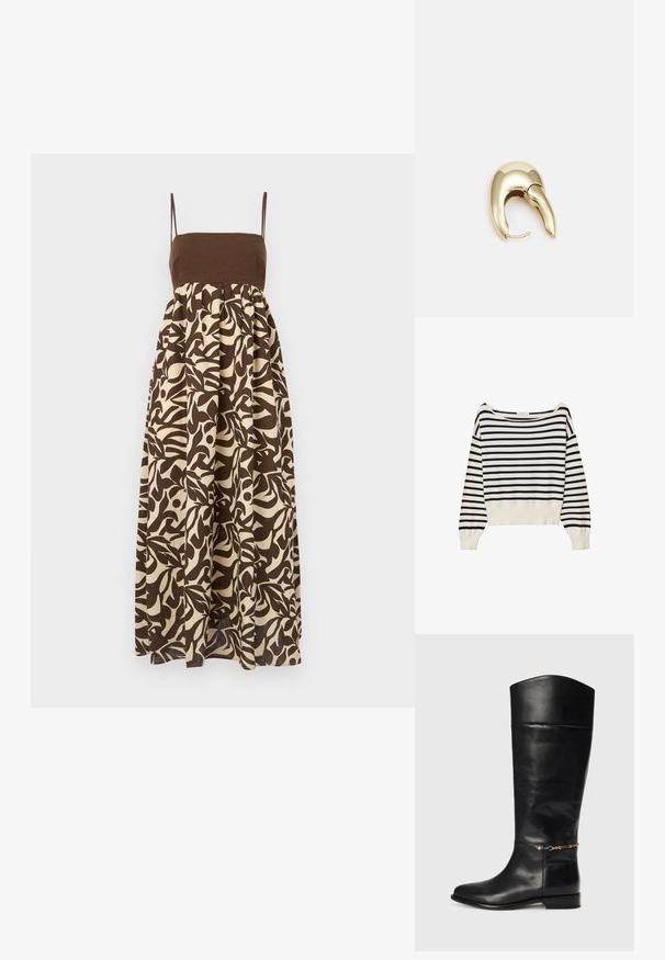 Mustavalkoinen raidoitettu neulepaita, jossa on leveä avara pääntie, pitkät hihat ja tiukka ribbineuloshelma vyötäröllä. Pehmeä, neulottu pinta.; Ruskea ja vaaleanruskea printattu maksi mekko, jossa on tiukka yläosa, ohuet hihnat ja levenevä helma, joka esittää orgaanisia lehden kuvioita.; Mustassa nahkassa olevat polvipituiset saappaat, joissa on suora muotoilu, pyöreä kärki, matala korko ja kultaketju-yksityiskohta nilkan kohdalla. Silkkinen pinta.; Musta nahkainen olkalaukku, jossa on sileä pinta, suorakulmainen muoto ja metalliketju yksityiskohtana edessä. Mukana säädettävä hihna.; Kultahipuinen korvakoru, jossa on sulavalinjainen, kaareva muotoilu. Ominaisuuksiin kuuluu erottuva terävä muoto, kiillotettu pinta ja sarana kiinnitys.