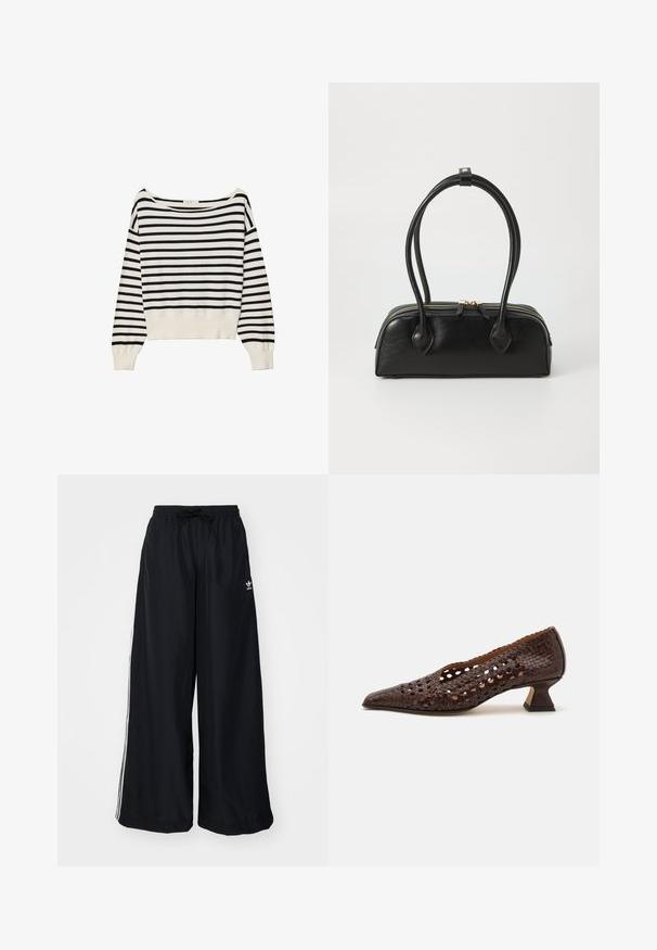 Czarny i biały sweter w paski z szerokim, łódkowym dekoltem, długimi rękawami i ciasnym ściągaczem w talii. Miękka, dzianinowa faktura.; Czarne spodnie typu wide-leg wykonane z lekkiego materiału. Posiadają elastyczny pas z troczkiem i białe paski po bokach. Logo marki na biodrze.; Brązowe wężowe skórzane czółenka z ostrym noskiem, otwartym wycięciem, niskim, rzeźbionym obcasem i gładką podszewką wewnętrzną.; Czarna skórzana torebka na ramię z dwoma wydłużonymi uchwytami, zamknięciem na zamek i zaokrąglonym kształtem; gładka tekstura z subtelnym połyskiem.