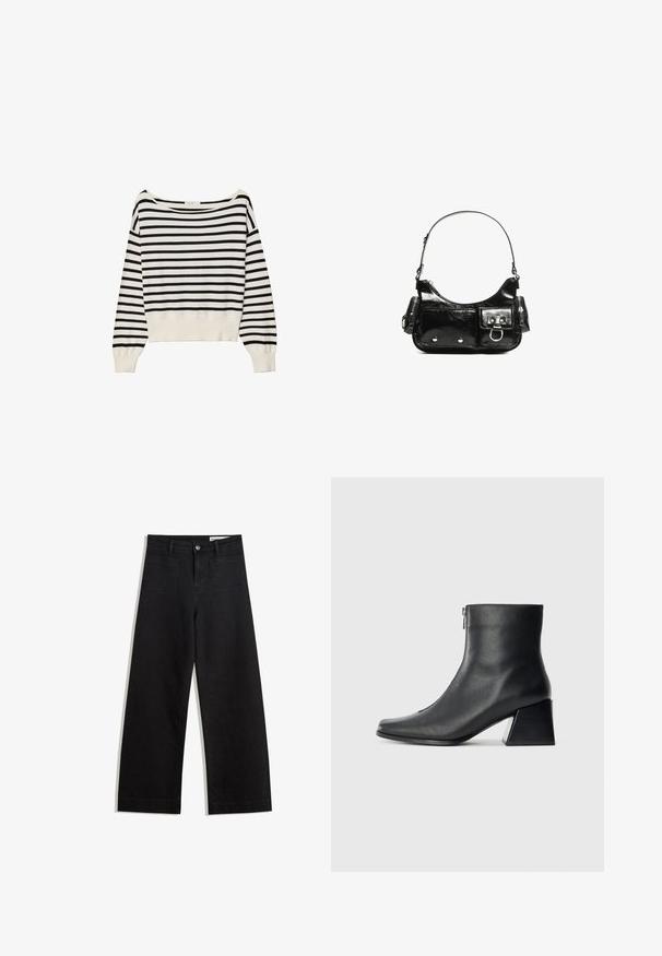 Pulover s črnimi in belimi črtami, širokim plitkim izrezom, dolgimi rokavi in tesnim rebrastim robom na pasu. Mehka, pletena tekstura.; Črne široke denim hlače z visokim pasom, ki imajo sprednje in zadnje žepe, šivane šive ter gumbasto zapiranje. Gladka tekstura.; Črne usnjene gležnjarice s kvadratnim nosom, stranskim zadrgo in blok peto na enostavni svetli podlagi.; Črna lakasta usnjena torbica s ukrivljeno obliko, enim ramenskim trakom, sprednjimi žepi in srebrnimi kovinskimi dodatki.