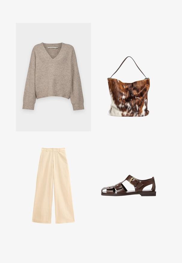 Beige stickad tröja med V-ringning och kort design. Har löst sittande ärmar och ett strukturerat mönster genom hela tröjan.; Beiga vida byxor gjorda av lättviktigt tyg. Har hög midja, dragkedjestängning och framfickor. Slät textur med subtil lyster.; Bruna lädersandaler med utskärning, justerbar sidspänne och platt sula, samt metallaccenter och öppen tå.; Väska av brun och vit päls med en mjuk textur, som har ett öppet topp och en enda mörkbrun rem. Designen är något vågig högst upp.