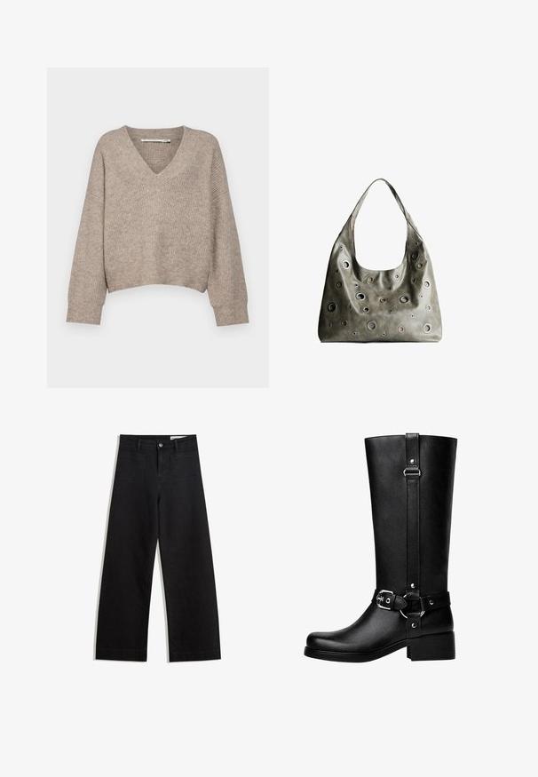 Maglione beige lavorato a maglia con scollatura a V e design accorciato. Presenta maniche ampie e un motivo testurizzato su tutta la superficie.; Pantaloni in denim neri a gamba larga con vita alta, dotati di tasche anteriori e posteriori, cuciture a punto, e chiusura con bottone. Texture liscia.; Stivali neri alti in finta pelle con punta tonda, dettaglio della fibbia della cintura accentuata e tacco largo. Texture liscia e cucitura verticale sul gambale.; Borsa a tracolla in pelle verde oliva con un design morbido, caratterizzata da tagli circolari di diverse dimensioni e dettagli in tonalità più scure e più chiare.