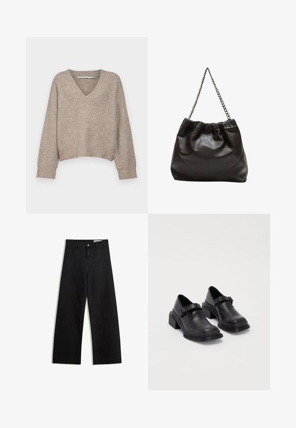 Beige pletený svetr s výstřihem do V a zkráceným střihem. Má volné rukávy a texturovaný vzor po celém povrchu.; Černé denimové kalhoty s volným střihem a vysokým pasem, vybavené předními a zadními kapsami, prošívanými švy a knoflíkovým zapínáním. Hladká textura.; Černé kožené boty s kulatou špičkou, plochou podrážkou a páskem s detaily s přezkou. Masivní blokový podpatek pro zvýšenou stabilitu.; Hnědá kožená taška se sbíraným vrškem a řetízkovým popruhem. Hladký povrch s lesklým finišem a jemným švem na bocích.