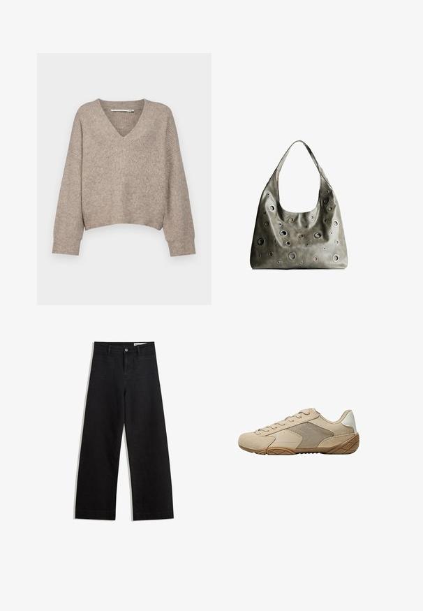 Beige kötött pulóver V nyakkivágással és cropped fazonnal. Laza szabású ujjakkal és textúrázott mintával rendelkezik.; Fekete, bő szabású farmernadrág magas derékkal, elülső és hátsó zsebekkel, varrott felületekkel és gombos záródással. Sima textúra.; Beige sportcipő velúr és hálós felsőrésszel, strukturált gumitalppal és lapos fűzőkkel. Simább díszítések a sarokrészen és kerek orrformaterv.; Olívazöld bőrtáska laza fazonnal, különböző méretű kör alakú kivágásokkal és sötétebb és világosabb árnyalatú díszítésekkel.