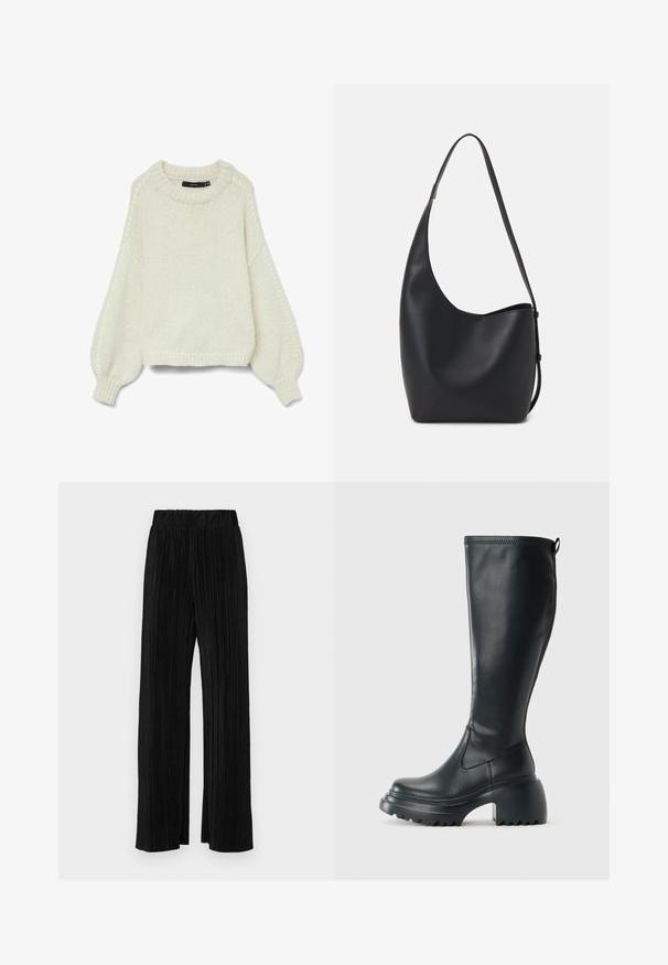 Pull en tricot couleur crème avec un col rond, un ourlet côtelé et des manches bouffantes présentant des motifs texturés au niveau des poignets.; Pantalons plissés noirs avec une taille élastique. Présente des jambes larges et un tissu lisse texturé avec des rayures verticales.; Botte en cuir noir haute avec semelle plateforme épaisse et talon carré, dotée d'une languette et d'un motif texturé sur la semelle extérieure.; Sac hobo en cuir noir avec une texture lisse, une forme incurvée et une seule sangle réglable ; dispose d'une large ouverture en haut.