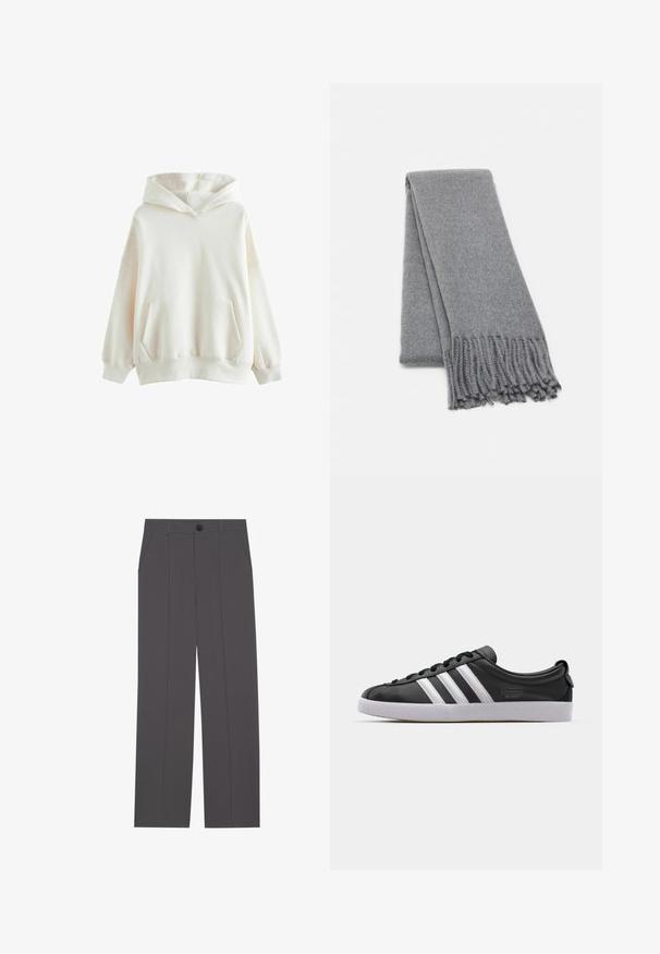 Sudadera blanca con capucha, hecha de una tela suave, que presenta un bolsillo delantero, puños acanalados y un ajuste relajado con una capucha de doble capa.; Pantalones grises con un diseño de pierna recta, que cuentan con dos bolsillos laterales y un cierre de botón. Tejido suave sin patrones o acentos visibles.; Zapatilla de cuero negro con diseño de tres franjas blancas, puntera redondeada, suela de goma blanca plana y detalle de marca en el lateral.; Bufanda de lana gris con una textura suave, que presenta bordes con flecos y un diseño sencillo. Doblada de manera ordenada, mostrando su forma alargada.