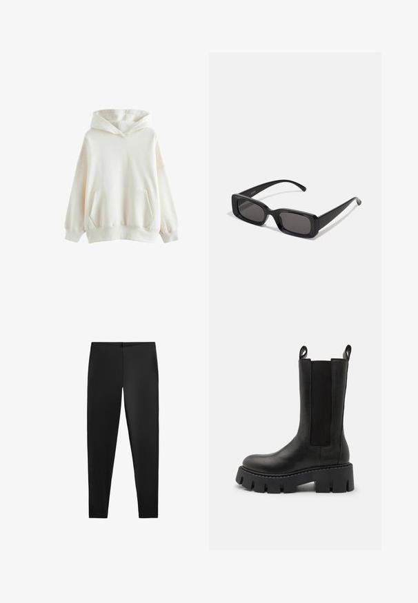White hooded sweatshirt made of soft fabric, featuring a front pocket, ribbed cuffs, and a relaxed fit with a double-layered hood.; Black leggings with a smooth texture and fitted silhouette, featuring a high waist and a seamless design for comfort and versatility.; Black leather ankle boot with elastic side panels, pull tabs, chunky treaded sole, and reinforced stitching detail. Surface has a smooth texture.; Black rectangular sunglasses with dark lenses, glossy finish, wide arms, and a chunky frame design. Engraved brand name on one arm.