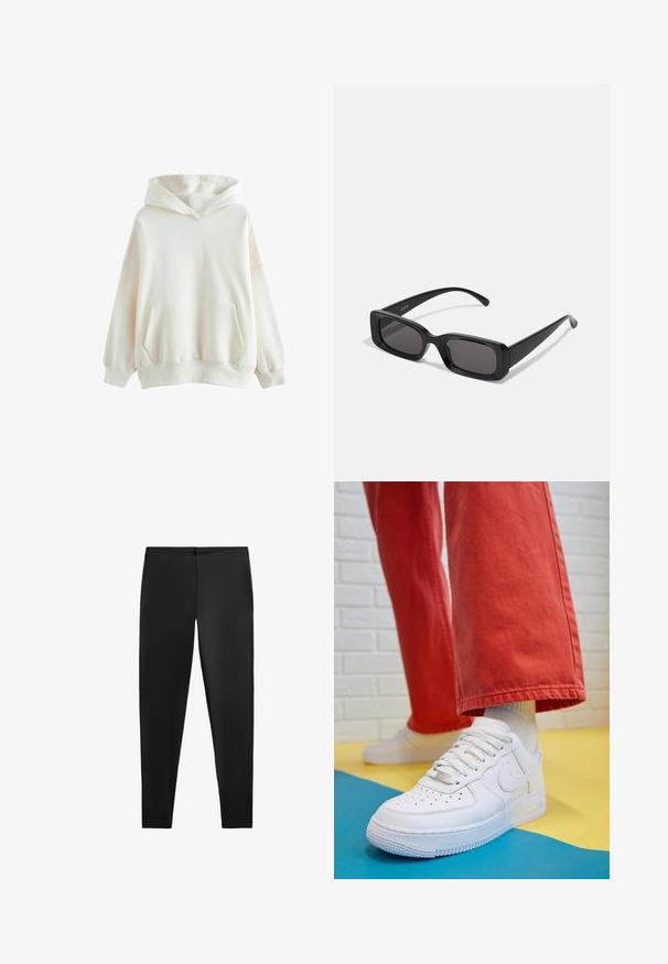 Witte hoodie gemaakt van zachte stof, met een voorzak, geribbelde manchetten en een ontspannen pasvorm met een dubbel-laags capuchon.; Zwarte leggings met een gladde textuur en een aansluitende silhouet, met een hoge taille en een naadloos design voor comfort en veelzijdigheid.; Witte leren sneaker met geperforeerde teenbox, gestructureerde zool en witte veters, gecombineerd met wijde rode broeken en een blauw-geel achtergrond.; Zwarte rechthoekige zonnebril met donkere lenzen, glanzende afwerking, brede pootjes en een robuust frameontwerp. Gegraveerde merknaam op één van de pootjes.