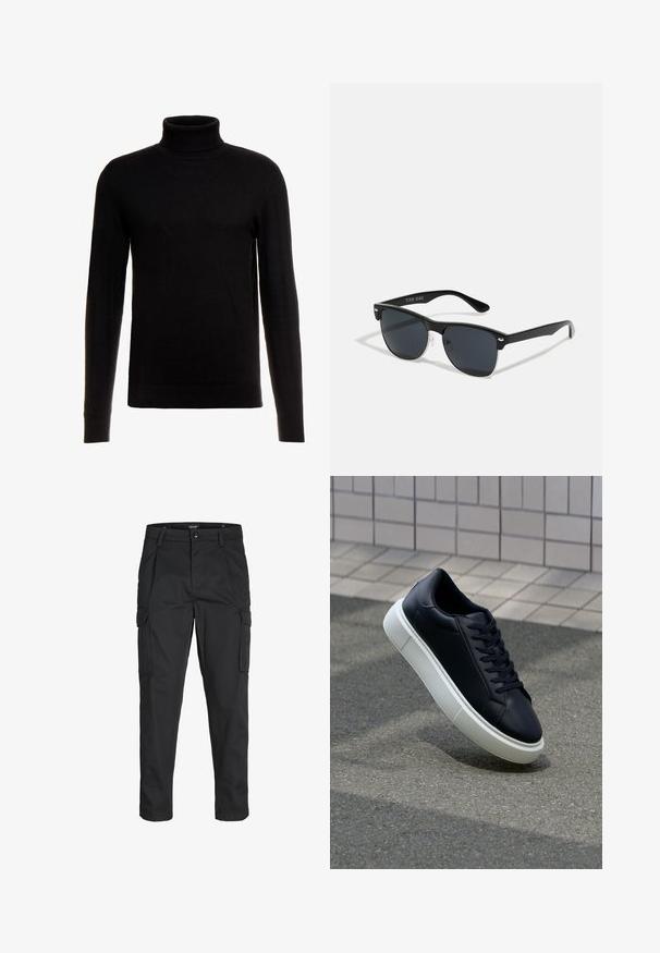 Czarny sweter z golfem, wykonany z miękkiej, dzianinowej tkaniny; ma długie rękawy oraz ściągacz na dolnym brzegu i kołnierzu, co zapewnia dopasowany krój.; Czarne spodnie cargo wykonane z wytrzymałego materiału, z wieloma kieszeniami, zapięciem na guzik oraz zwężanym krojem nogawek.; Czarne skórzane sneakersy z okrągłym noskiem i białą gumową podeszwą. Posiadają płaskie sznurowadła i minimalne przeszycia na cholewce. Teksturowana podeszwa zapewnia przyczepność.; Czarne okulary przeciwsłoneczne o prostokątnym kształcie, ciemnych soczewkach, srebrnych akcentach na zausznikach oraz matowym wykończeniu oprawki.