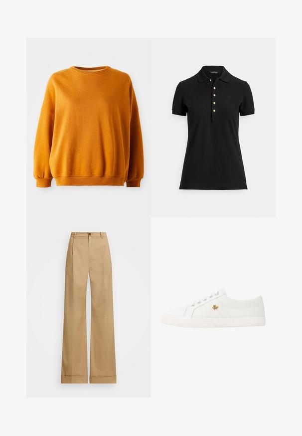 Oranje sweatshirt met een ronde halslijn, verlaagde schouders en ribgebreide manchetten. Zachte textuur met een lichte gespikkelde patroon door het geheel.; Zwart poloshirt van gestructureerde stof, met een kraag, korte mouwen en een knopenlijst met gouden knopen. Subtiel logodetail op de borst.; Beige wijde broek met een knoopsluiting, voorzien van een soepele textuur en persplooien. Met afgeronde zoom voor extra detail.; Lauren Ralph Lauren JANSON II CANVAS SNEAKER - Sneakers laag - optic white