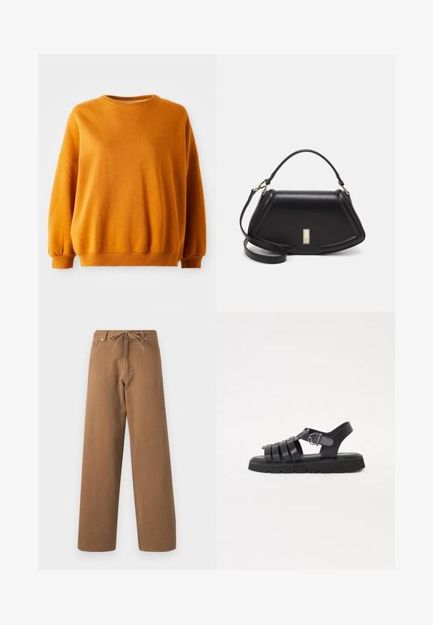 Felpa arancione con scollatura rotonda, spalle cadenti e polsini a coste. Tessuto morbido con una leggera trama punteggiata.; Pantaloni larghi marroni in cotone, con vita elasticizzata e due tasche frontali. Tessuto strutturato con una finitura liscia.; Sandali in pelle nera con un design a cinghie, dotati di chiusura con fibbia, suola piatta e suola esterna in gomma nera texture.; Borsa a mano in pelle nera con un design strutturato, caratterizzata da una forma corta, manico superiore e accessori in metallo dorato. Inclusa tracolla regolabile.