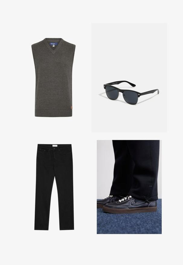 Blend BHLARSSON - Jumper - dark grey; Black straight-leg jeans with five-pocket design, button and zip fly closure, and a Pier One brand label on the waistband.; Nike Sportswear KILLSHOT 2 LTR PRM OPP2 - Trainers - black sail baroque brown mtlc dk grey; Black sunglasses with a rectangular shape, dark lenses, silver accents at the temples, and a matte finish on the frame.; Digital wristwatch with a silver stainless steel strap, rectangular black and gray face, world time feature, and multiple alarm functions.