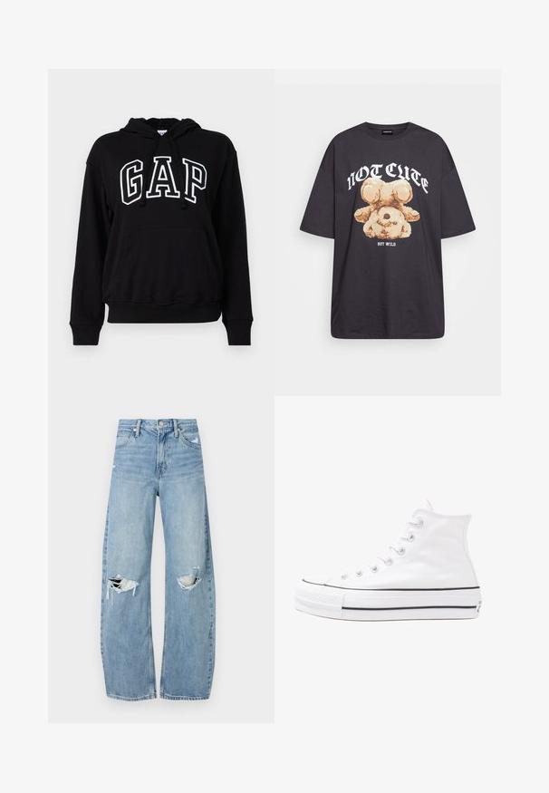 Musthave mustaga pusa, mille ees on kängurupocket, ja millel on suuri valge kiri "GAP". Pehme kangas ja soonikkoesed.; Musthave musta t-särk, millel on karu graafika ja tekst "EI NII NÄDALA, KUID MÄRG" paksult valgete tähtedega. Puuvillane materjal.; Heledad hallideega sinised teksad, millel on kõrge talje. Teksade jalgadel on lai alus, kaks rebitud kohta põlvede ümber ning klassikaline viie tasku stiil.; Valge kõrgem kangast tenniseking, millel on must kummist tald, ees kummist varvasetugi ja kuus aukku paelte jaoks, pakkudes puhta ja minimalistliku disaini.