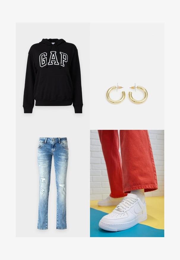 Fekete kapucnis pulcsi elülső kenguruzsebbel, nagy fehér betűkkel a "GAP" felirattal. Puha anyag és bordás mandzsetta.; Világoskék farmernadrág, laza fit típussal, megviselt részletekkel, gombos záródással, két gombbal, és egyenes lábakkal.; Fehér bőr edzőcipő perforált orral, texturált talppal és fehér fűzővel, széles vörös nadrággal párosítva, kék és sárga háttérrel.; Arany fülbevalók sima, fényes felülettel. Kör alakú dizájn, amely kis kapoccsal és átlátszó tartozékkal rendelkezik a biztonságos viselés érdekében.