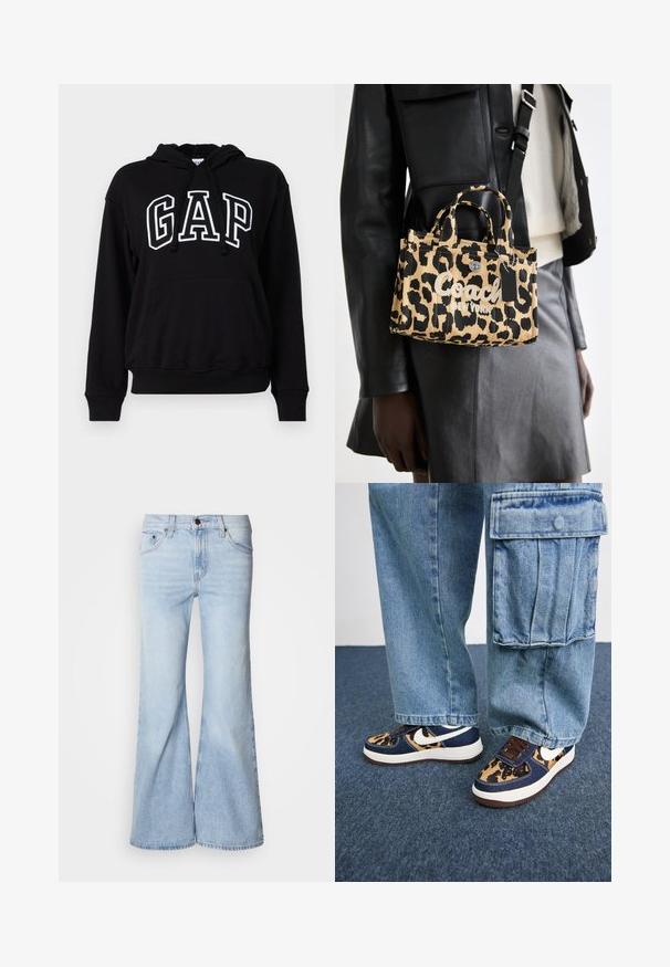 Zwarte hoodie met een voorkant kangaroo zak, met daarin "GAP" in grote witte letters. Zachte stof en geribbelde manchetten.; Lichtblauwe flare jeans met een hoge taille, gemaakt van denim, voorzien van vijf zakken en een knoopsluiting. De pijpen zijn wijd en hebben een licht vervaagde afwerking.; Marineblauwe sneakers met een luipaardprint-accent, witte Nike swoosh, bruine veters en een witte tussenzool. Gepaarde met lichte denim cargo-broeken.; Luipaardprint handtas in bruin en zwart canvas, met dubbele bovenhandvatten en "Coach New York" tekst op de voorkant met een metalen sluiting.