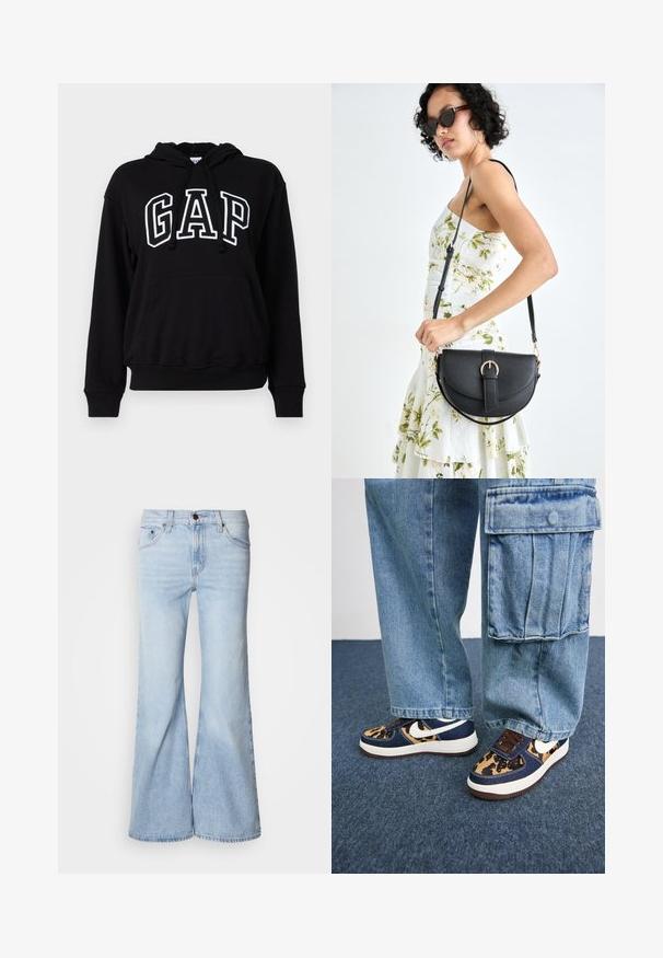 Crna dukserica s kapuljačom i prednjim kengur džepom, s natpisom "GAP" u velikim bijelim slovima. Mekani materijal i rebraste manžetne.; Svijetloplave traperice širokih nogavica, s visokim strukom, tkaninom od trapera, pet džepova i kopčanjem na gumbe. Noge su široke i imaju blago izblijedjeli završetak.; Tamno plave tenisice s akcentima u uzorku leoparda, bijeli Nike swoosh, smeđi vezice i bijela srednja potplata. Uparene s svijetloplavim trapericama cargo.; Crna kožna torba s lukovitim oblikom, odvojivim remenom i zlatnim detaljima. Torba ima preklop s kopčom.