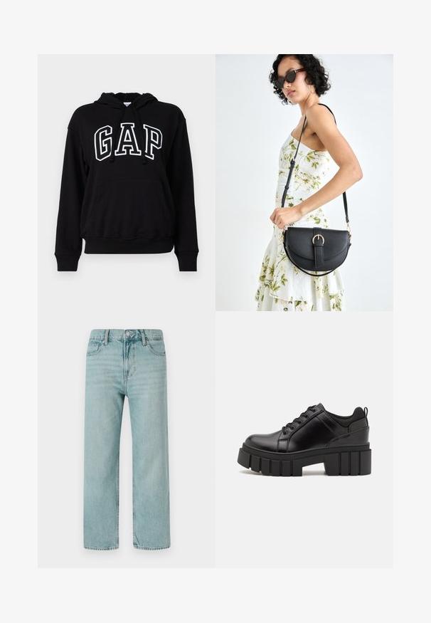 Crna dukserica s kapuljačom i prednjim kengur džepom, s natpisom "GAP" u velikim bijelim slovima. Mekani materijal i rebraste manžetne.; Svijetloplave široke traperice izrađene od denima, s klasičnim dizajnom s pet džepova, čistim linijama i regularnim pojasom s kopčanjem na gumb.; Crne kožne platforme s debelim blok-peta, okruglim prstima i klasičnim dizajnom vezanja. Imaju gladak tekstur i minimalne detalje.; Crna kožna torba s lukovitim oblikom, odvojivim remenom i zlatnim detaljima. Torba ima preklop s kopčom.