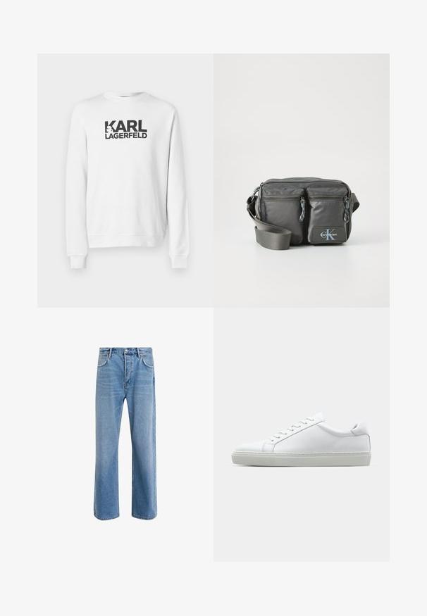 Hvit hettegenser med et stort svart "KARL LAGERFELD"-logo på forsiden. Klassisk rund hals, ribbede ermer og kant. Laget av bomull.; Lys blå denimjeans med rett ben-design, fem lommer, knappeåpning, minimal falming og kontrasterende sømdetaljer.; Hvit sneakers med en glatt skinnoverdel og lav profil. Har en rund tå, seks snøring hull, og en teksturert gummisåle.; Grå nylon crossover-veske med to glidelåslommer foran, justerbar stropp og logoaccent. Glatt tekstur med et moderne design.